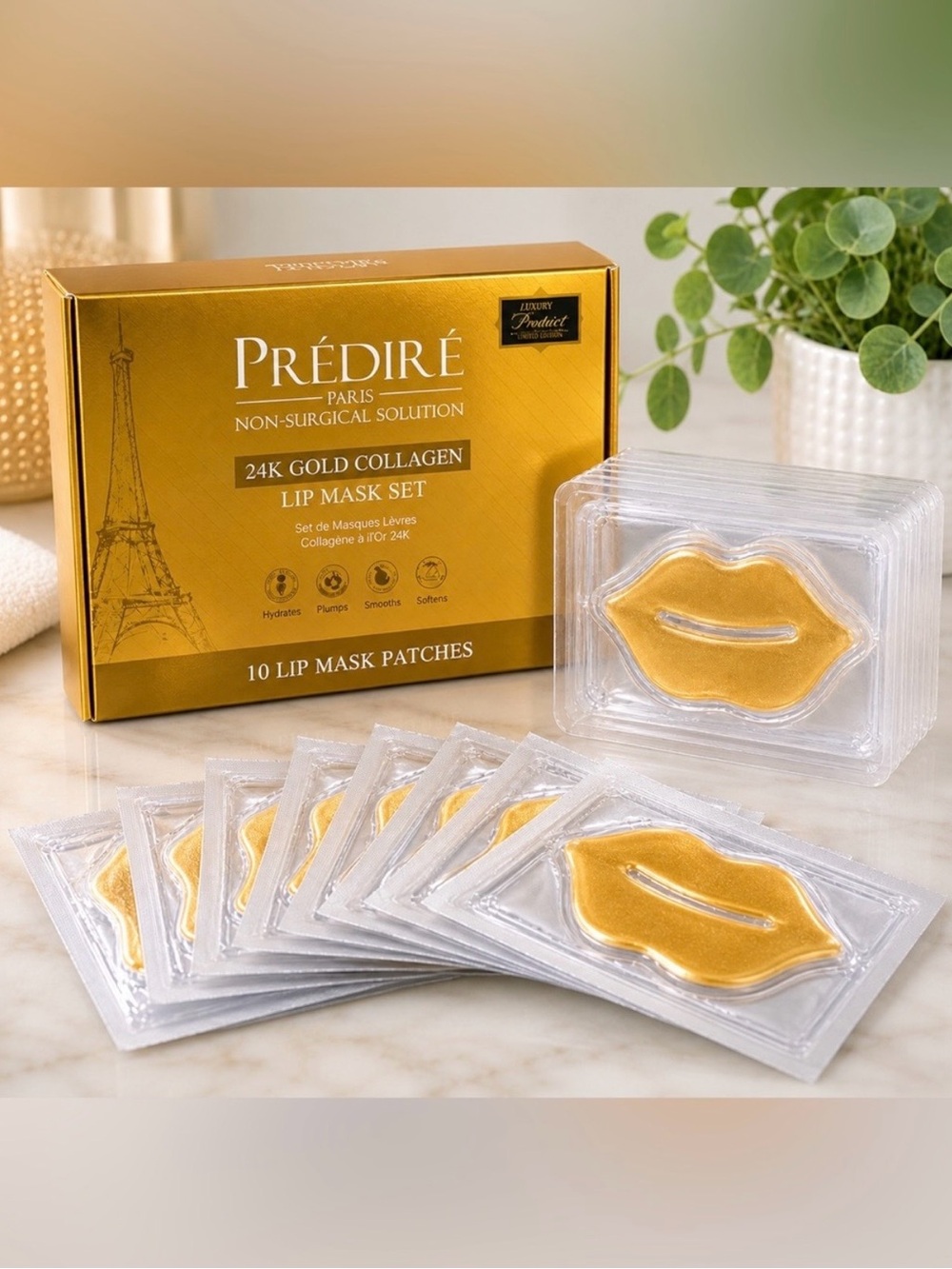 Predire 24K Gold Collagen Lip Mask Set — Gold Hydrating Lip Patches (10 Pack)